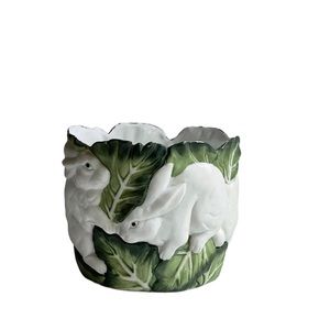 Handpainted Ceramic Rabbit &
Cabbage Leaves small Planter Pot or candy dish.